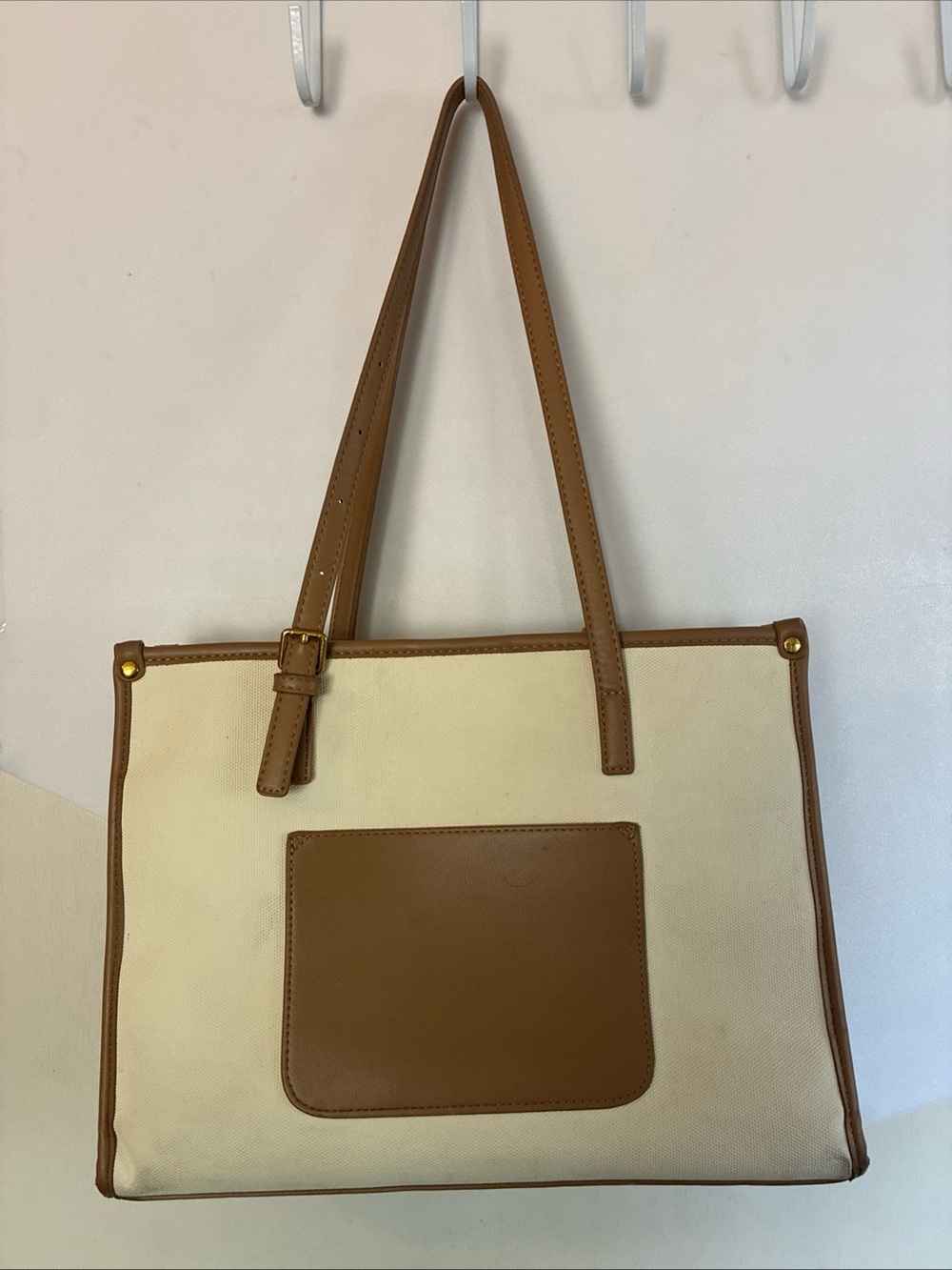 Miztique Canvas Tote Bag Cream Beige Brown Vegan Leather Trim Front Pocket EUC